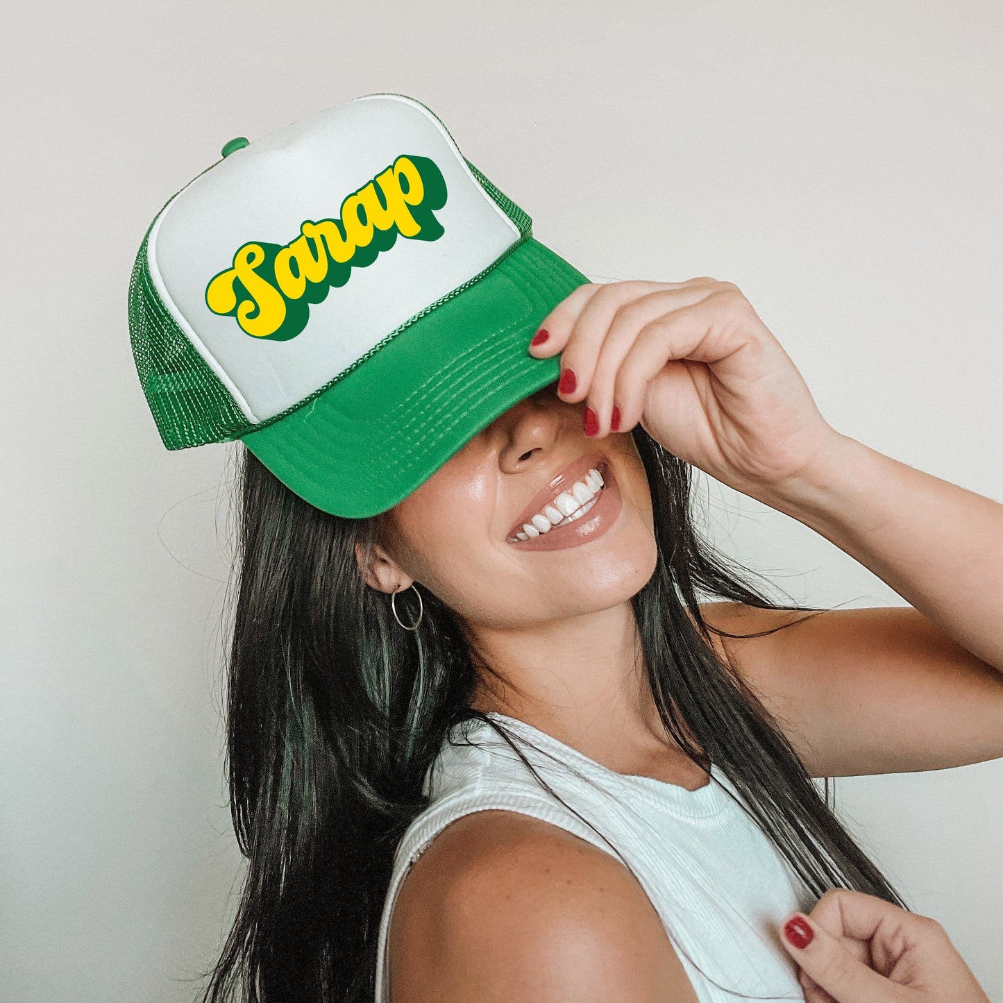 Sarap Yellow and Green Script Green Trucker Hat