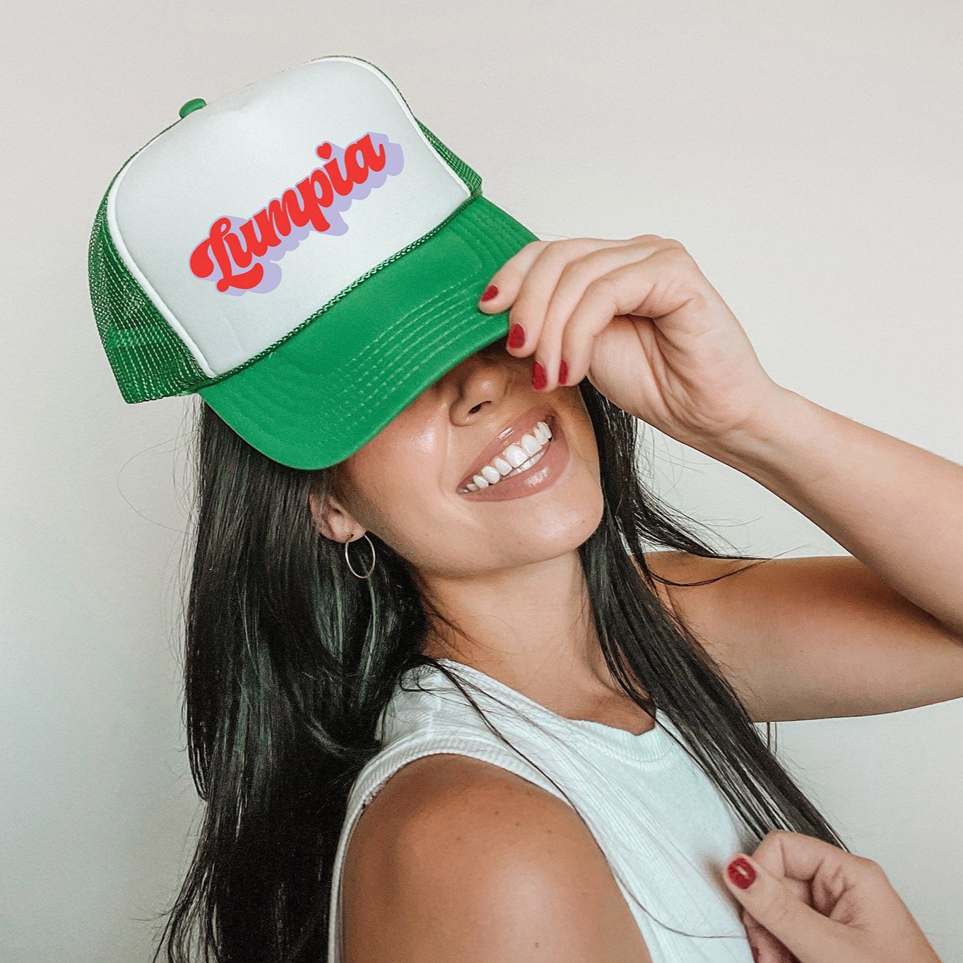 Lumpia Love Red and Purple Script Green Trucker Hat