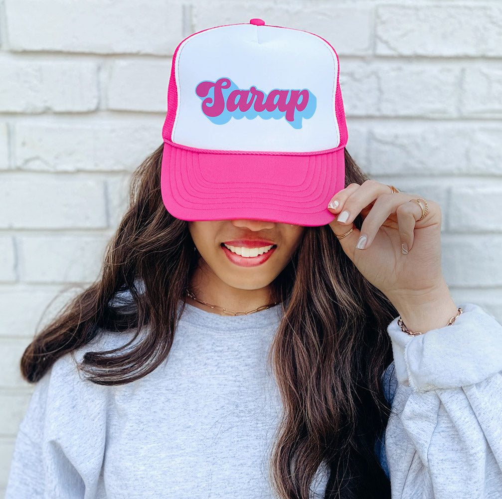 Sarap Pink and Blue Script Pink Trucker Hat