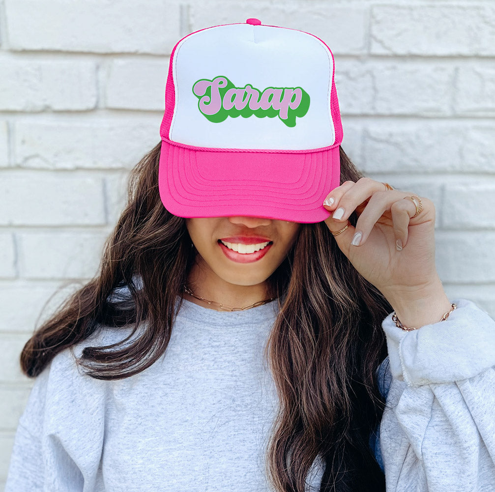 Sarap Pink and Green Script Pink Trucker Hat