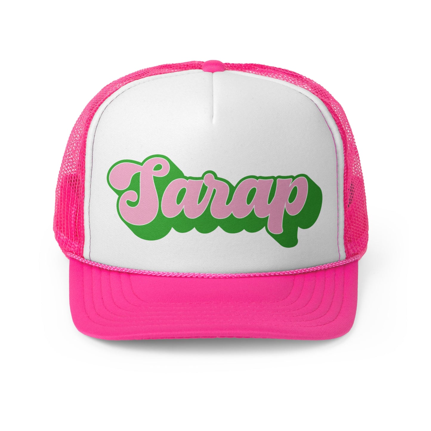 Sarap Pink and Green Script Pink Trucker Hat